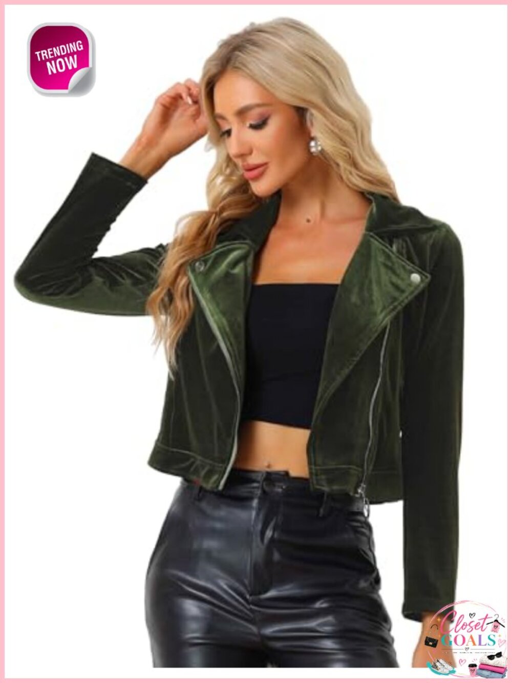 Velvet Moto Jacket Cropped Zip Up Notch Lapel Women's Winter Coat